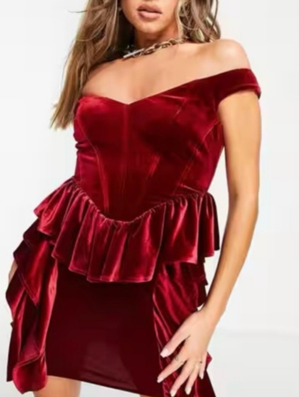 ASOS Red Velvet Peplum Ruffle Mini Dress - Picture 2 of 14
